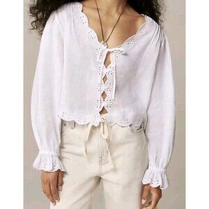 J.Crew Scallop-Trim Tie-Front Top Blouse in Ramie White Relaxed Fit Size XS NWT